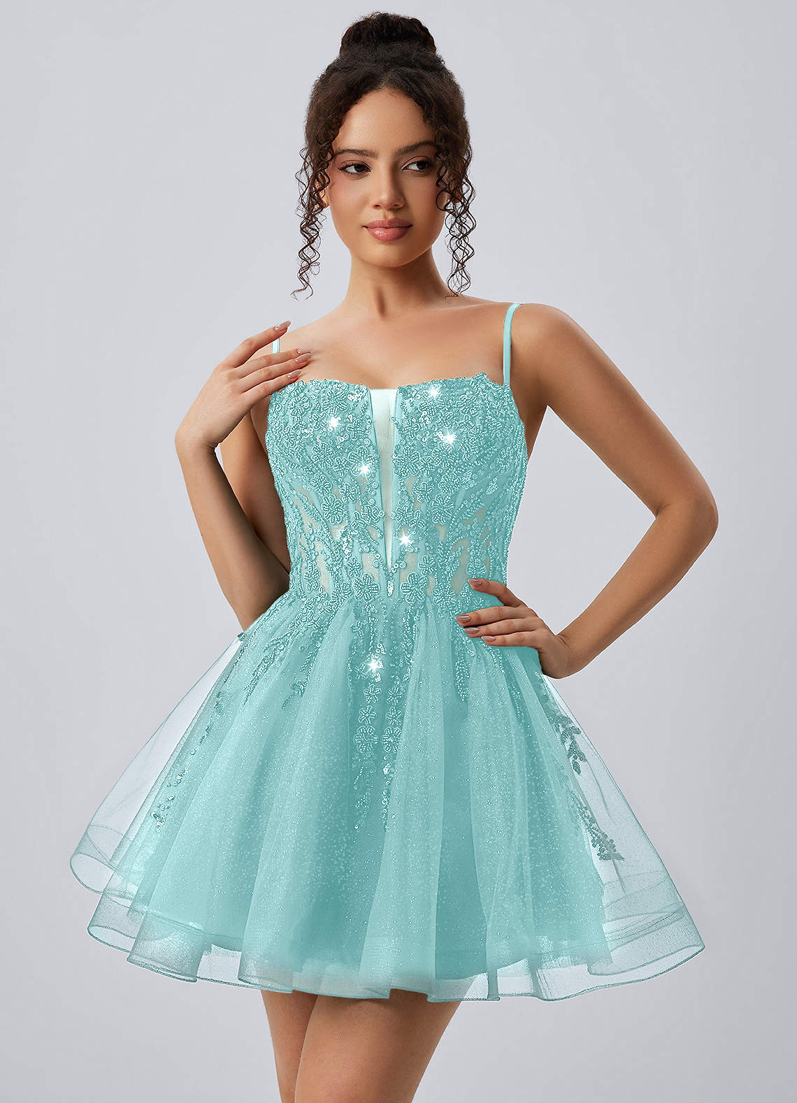 Odette Skater Keyhole Glitter Tulle Mini Prom Dress in black