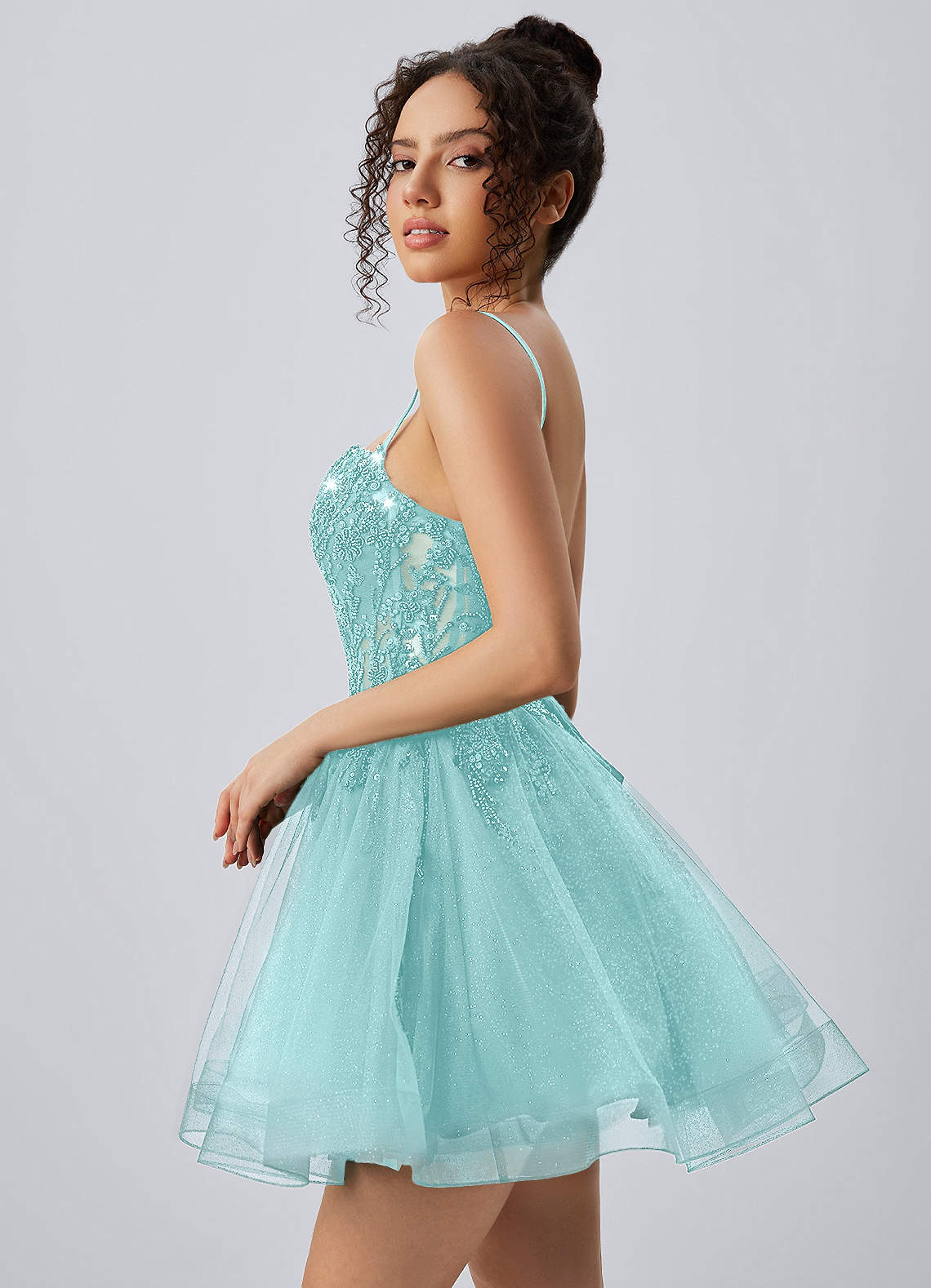 Odette Skater Keyhole Glitter Tulle Mini Prom Dress in Light Green