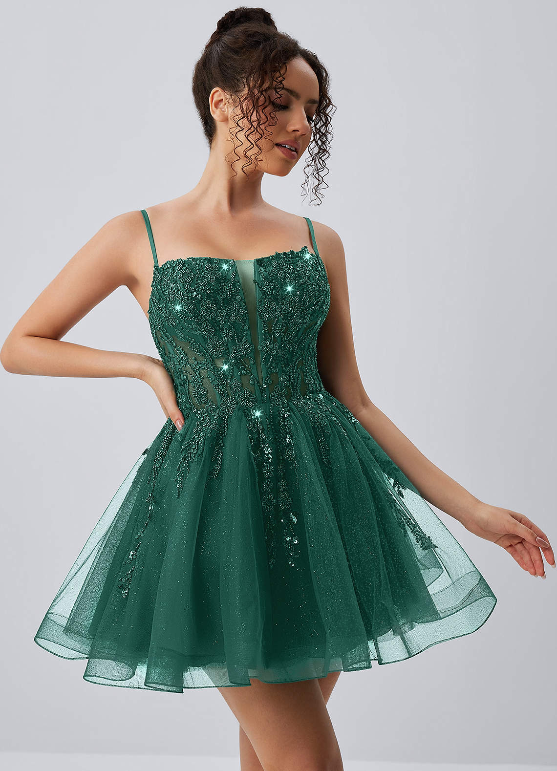 Odette Skater Keyhole Glitter Tulle Mini Prom Dress in Dark Green