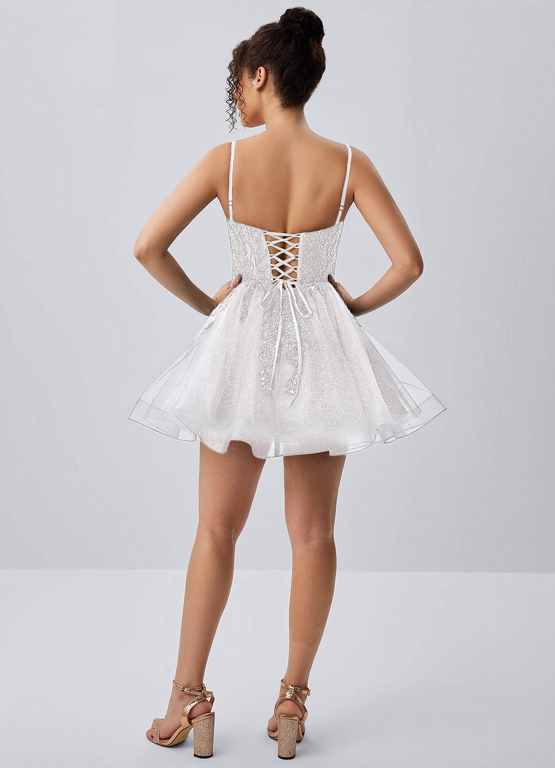 Odette Skater Keyhole Glitter Tulle Mini Prom Dress in white