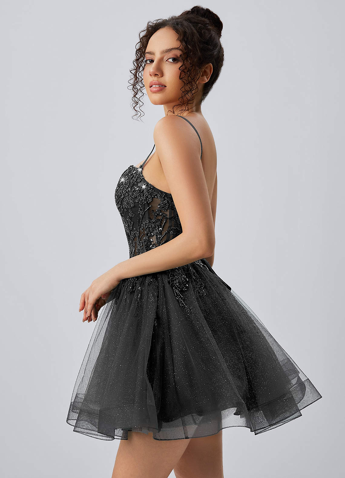Odette Skater Keyhole Glitter Tulle Mini Prom Dress in black