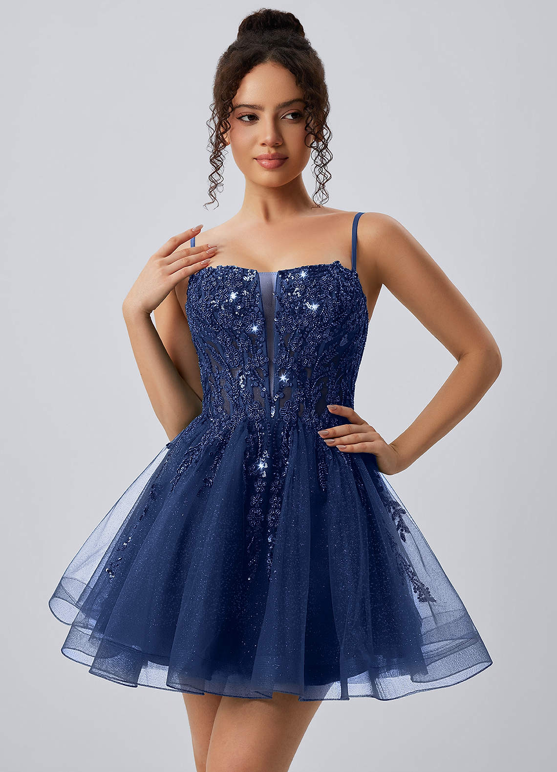 Odette Skater Keyhole Glitter Tulle Mini Prom Dress in black