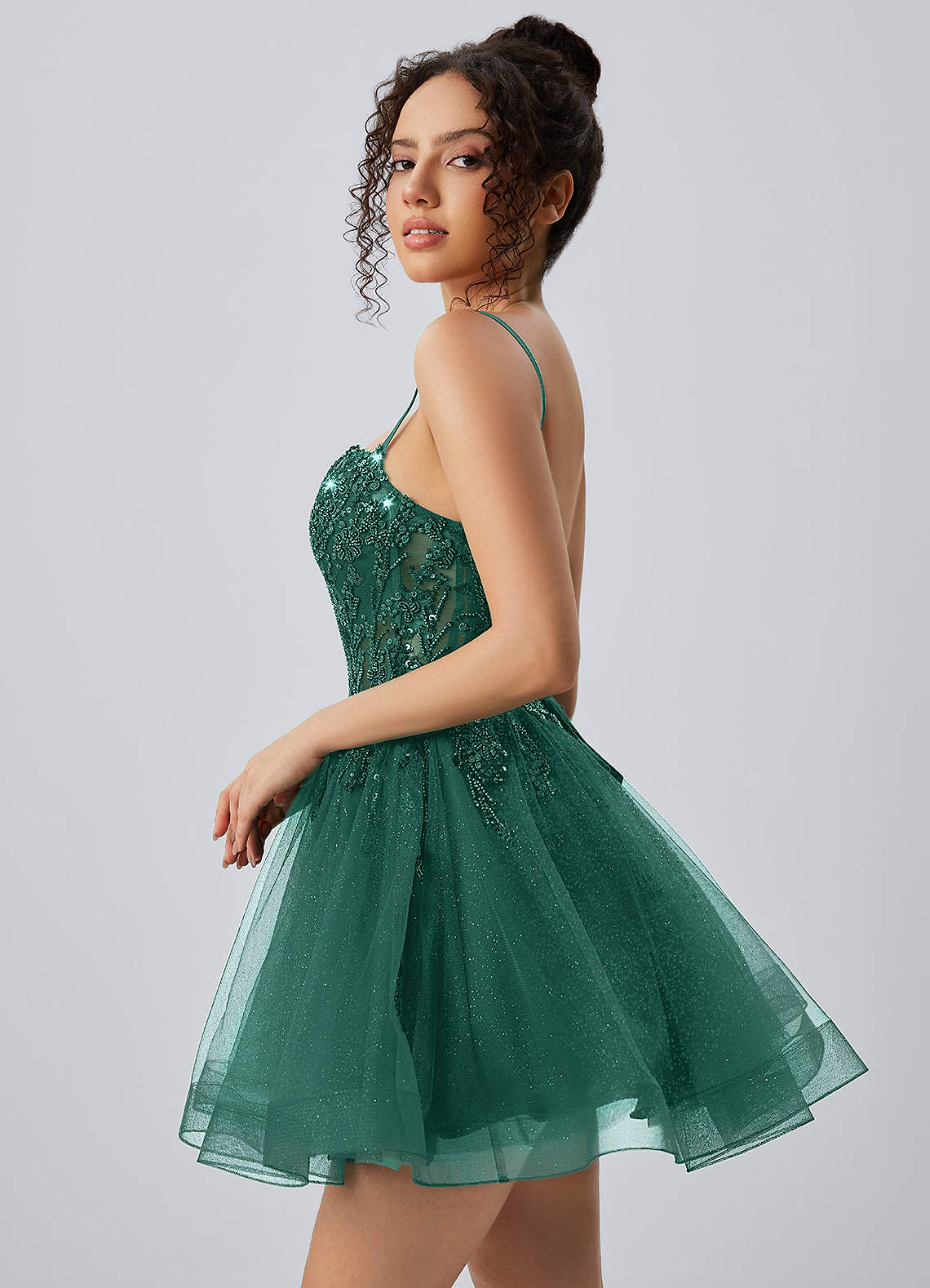 Odette Skater Keyhole Glitter Tulle Mini Prom Dress in Dark Green