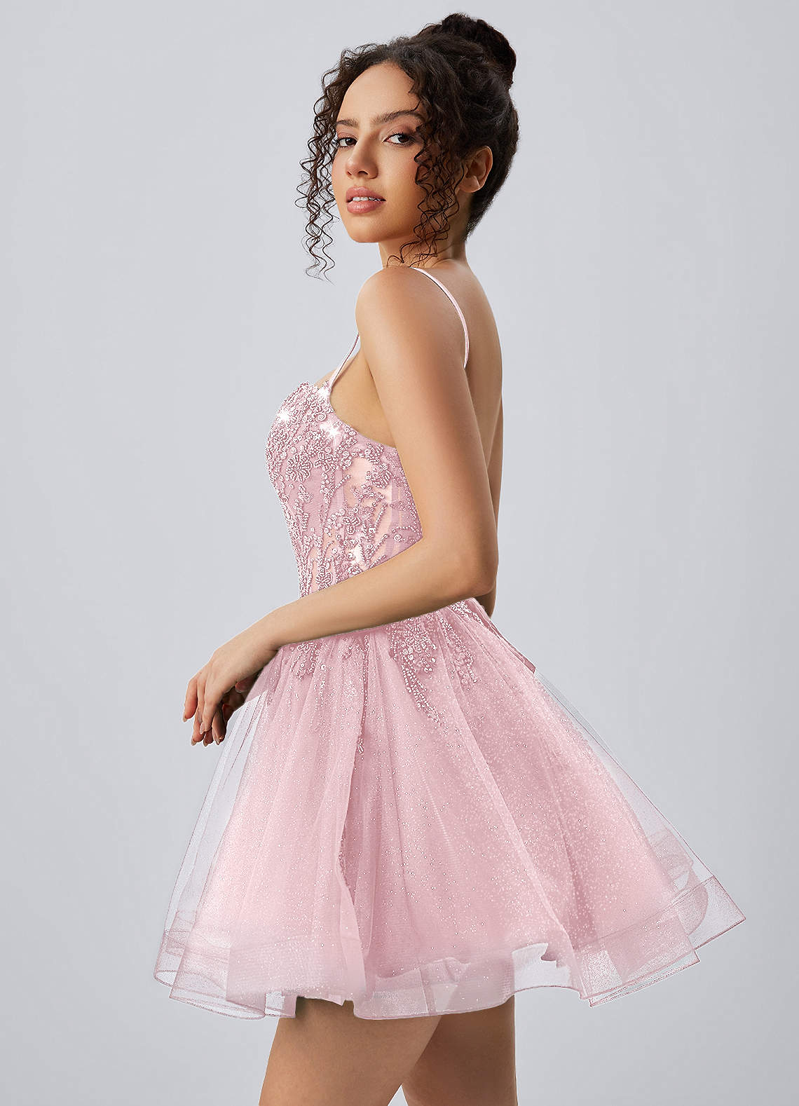 Odette Skater Keyhole Glitter Tulle Mini Prom Dress in pink