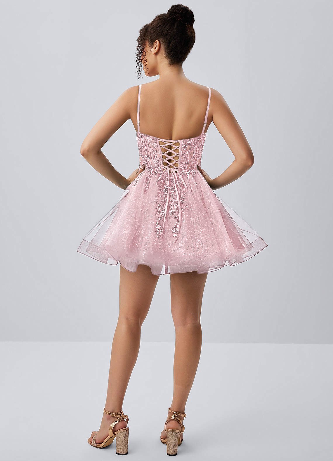 Odette Skater Keyhole Glitter Tulle Mini Prom Dress in pink
