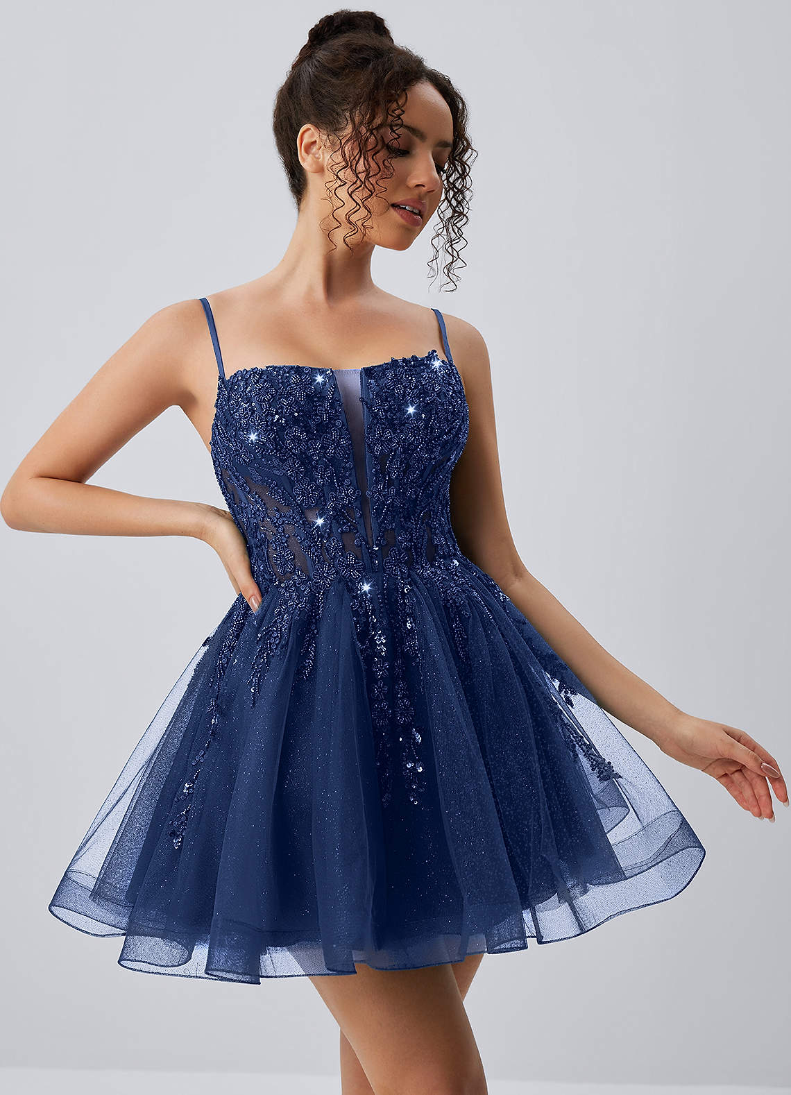 Odette Skater Keyhole Glitter Tulle Mini Prom Dress in Navy