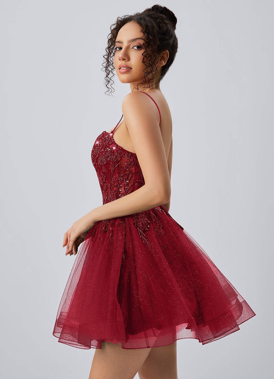 Odette Skater Keyhole Glitter Tulle Mini Prom Dress in Burgundy
