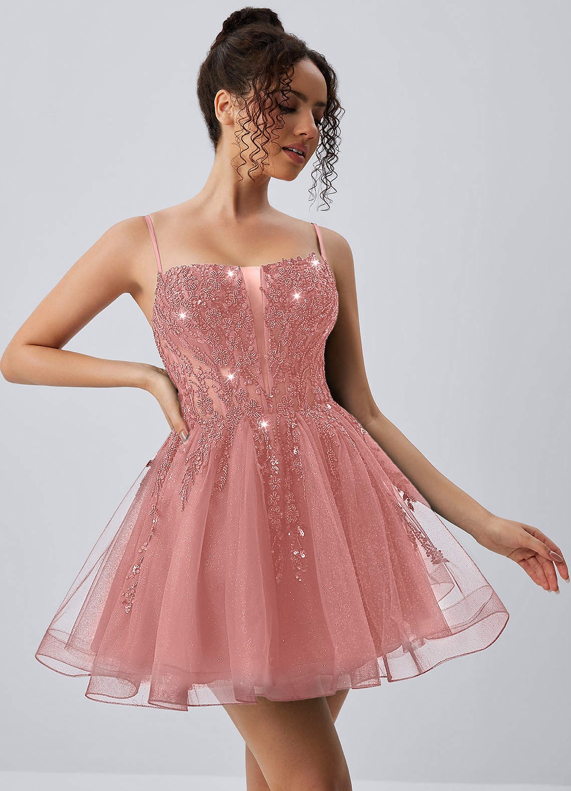 Odette Skater Keyhole Glitter Tulle Mini Prom Dress in Dusty Pink