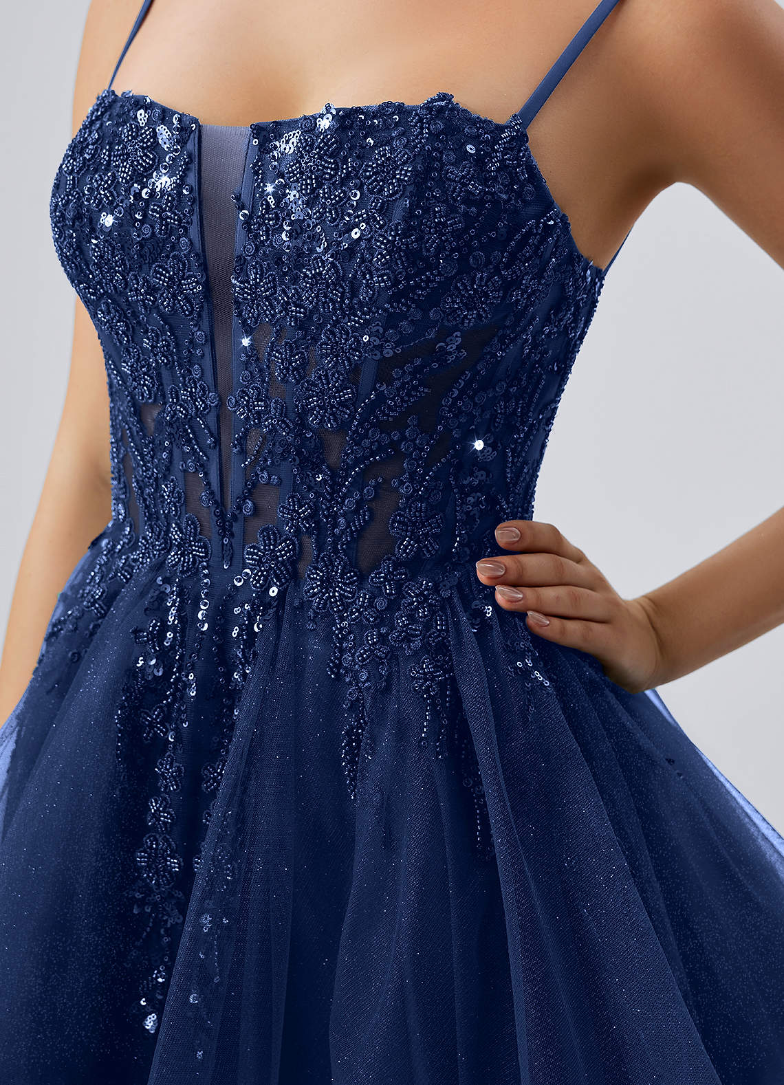 Odette Skater Keyhole Glitter Tulle Mini Prom Dress in Navy