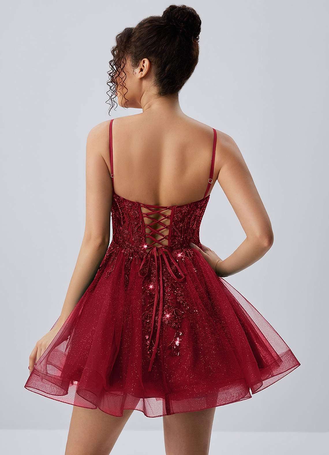 Odette Skater Keyhole Glitter Tulle Mini Prom Dress in Burgundy