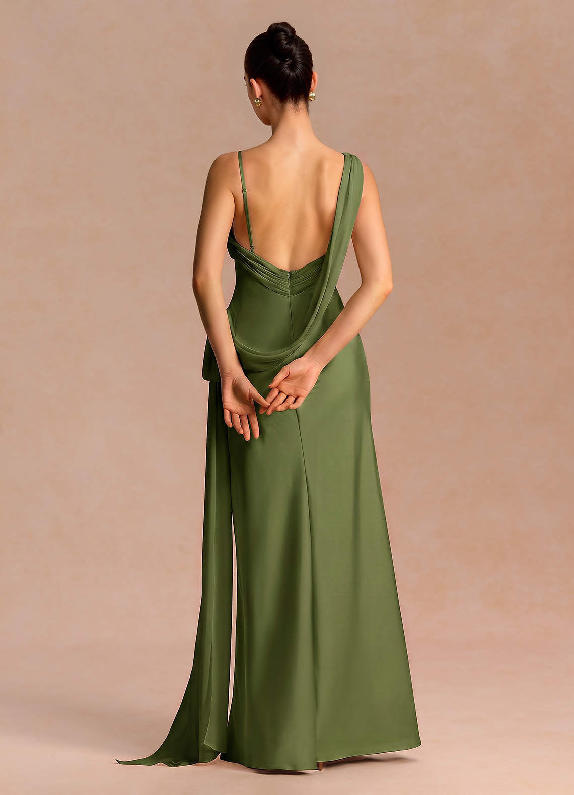 Ixchel A-Line Corset Crepe Chiffon Evening Dress in Olive