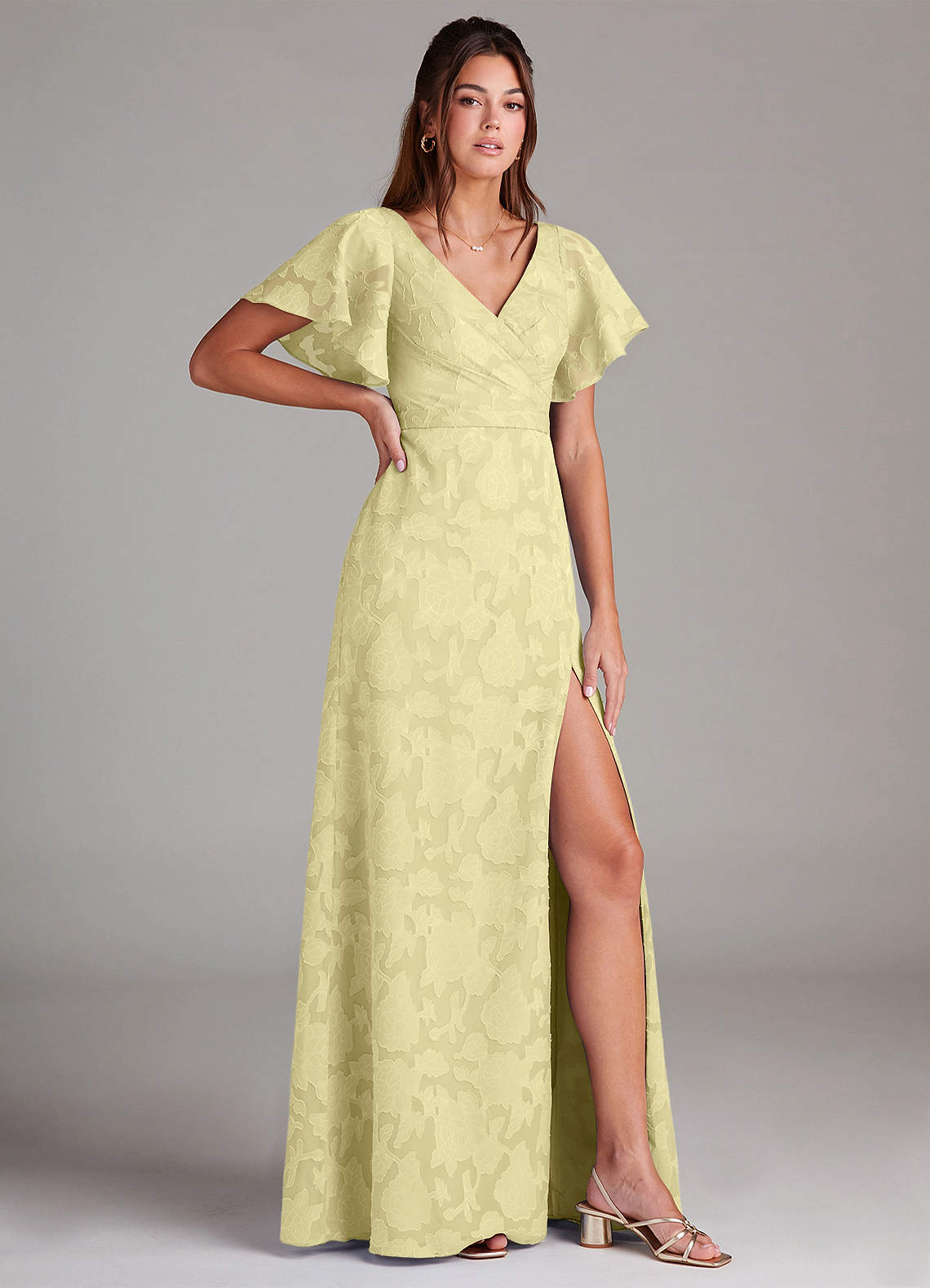 Ambrosia A-Line V-Neck Floral Burnout Bridesmaid Dress in Lemon Sorbet