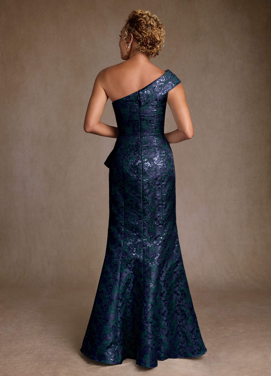 Hampton Mermaid One-Shoulder Jacquard Mother of the Bride Dress in Dark Navy