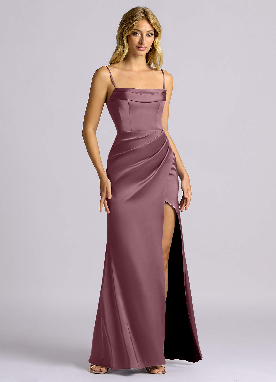 Auden Sheath Off-the-Shoulder Stretch Satin Bridesmaid Dress in Amethyst