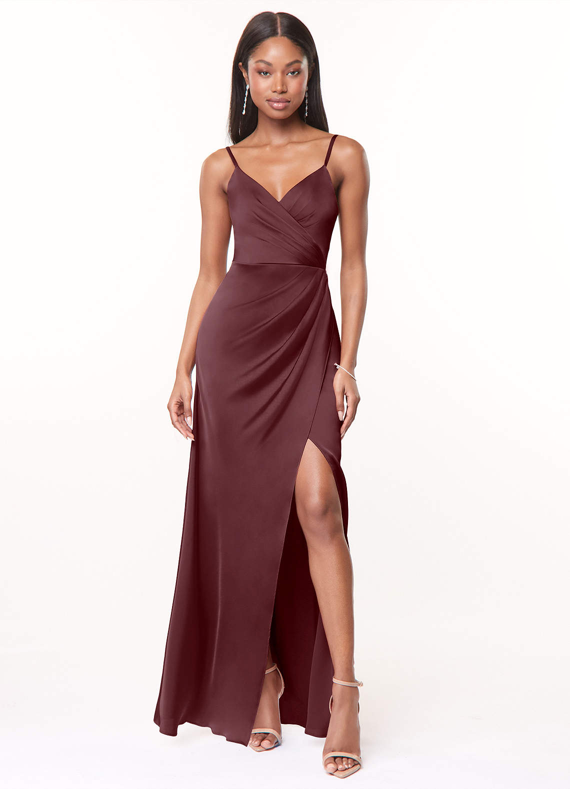 Maci A-Line V-Neck Stretch Satin Bridesmaid Dress in Sangria