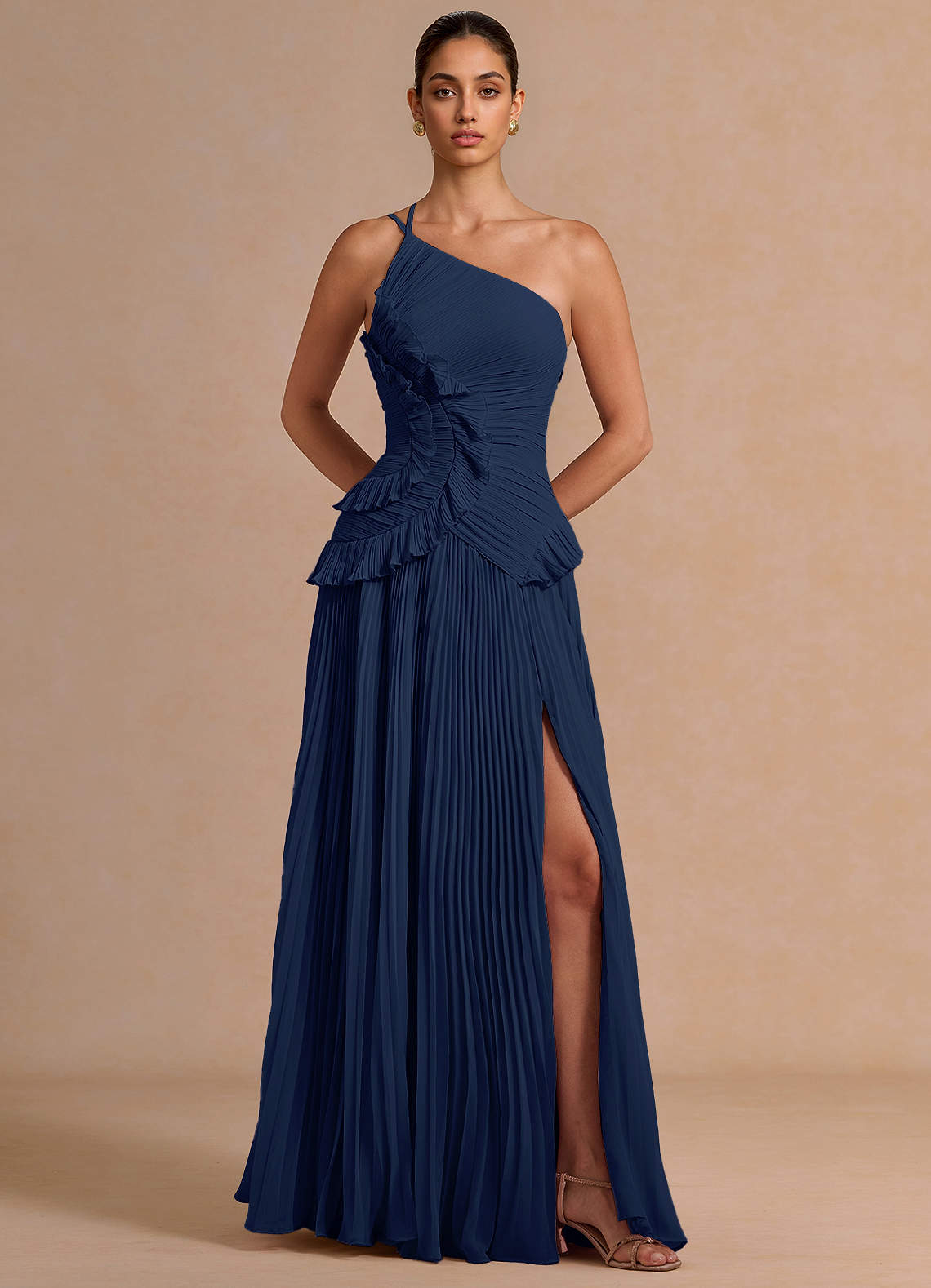 Melody A-Line One-Shoulder Chiffon Evening Dress in Herb Green