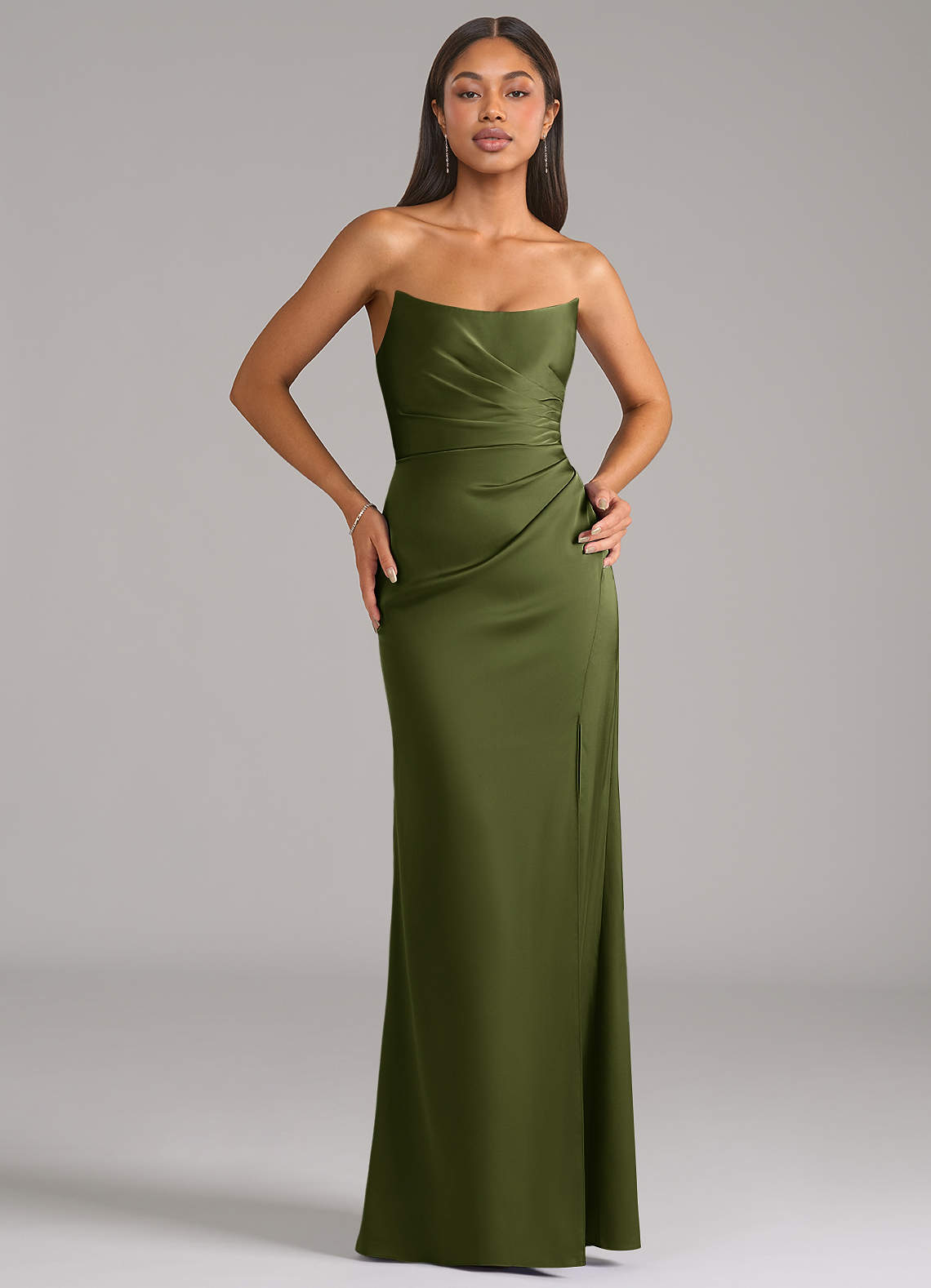 Marla Sheath Strapless Stretch Satin Bridesmaid Dress in Olive