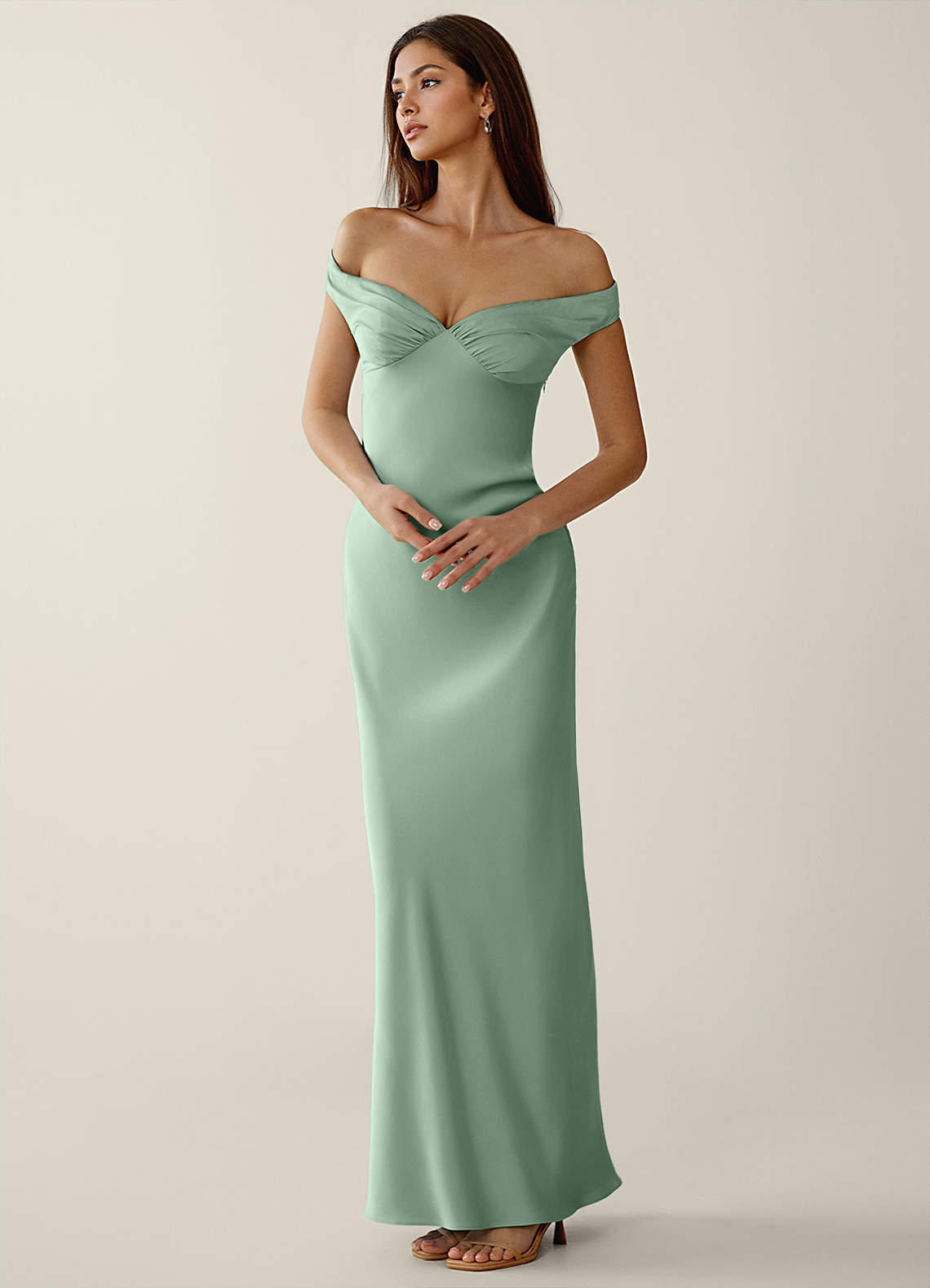 Gwendonme Sheath Off-the-Shoulder Satin Crystal Linen Evening Dress in Pistachio