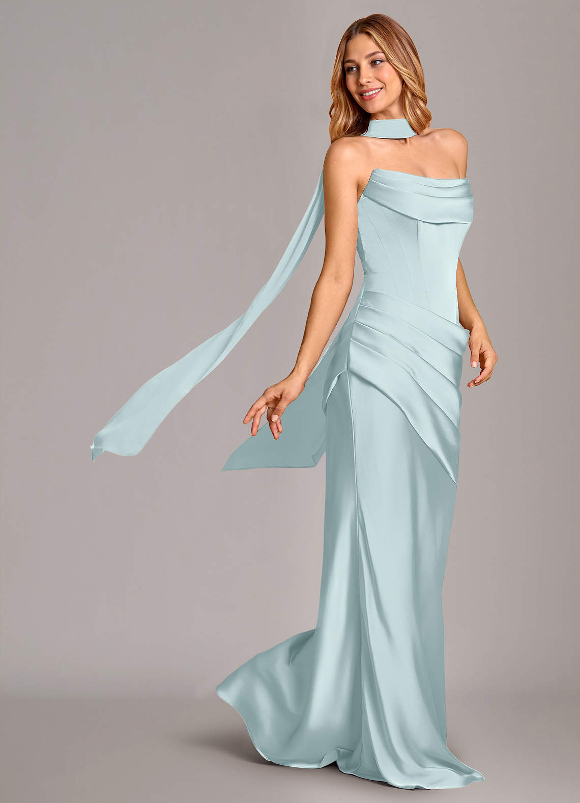 Pelagia Mermaid Cowl-Neck Stretch Satin Bridesmaid Dress in Mist