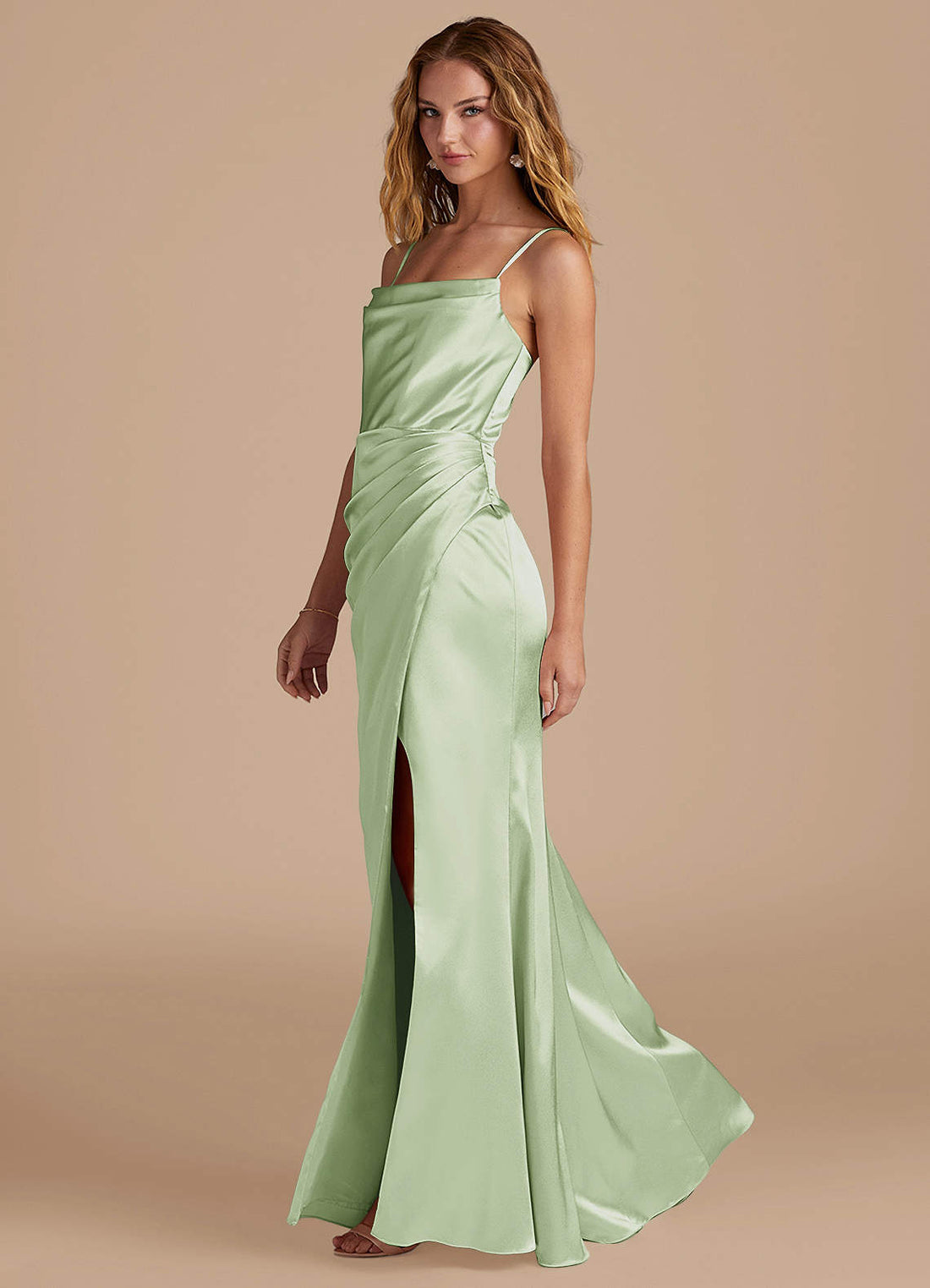 Marzia Mermaid Square-Neck Metallic Satin Bridesmaid Dress in Dusty Sage