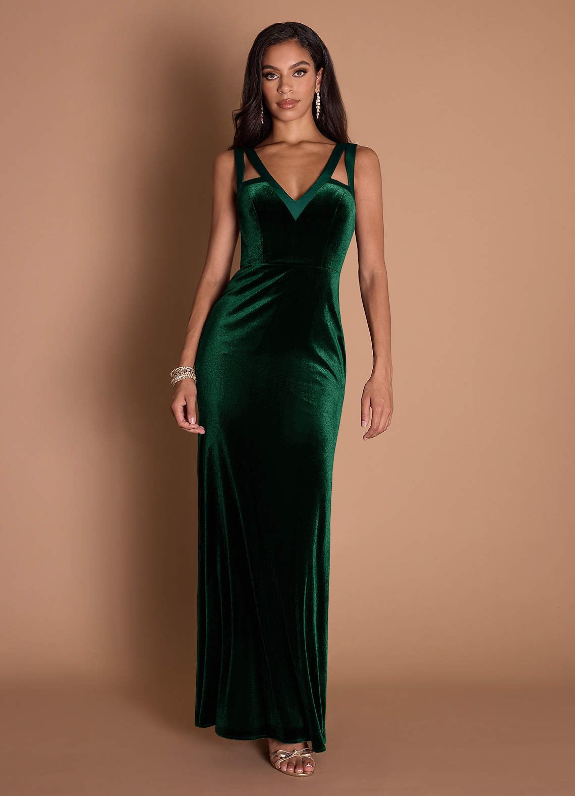 Tania Mermaid V-Neck Stretch Satin and Velvet Evening Dress in Hunter Green