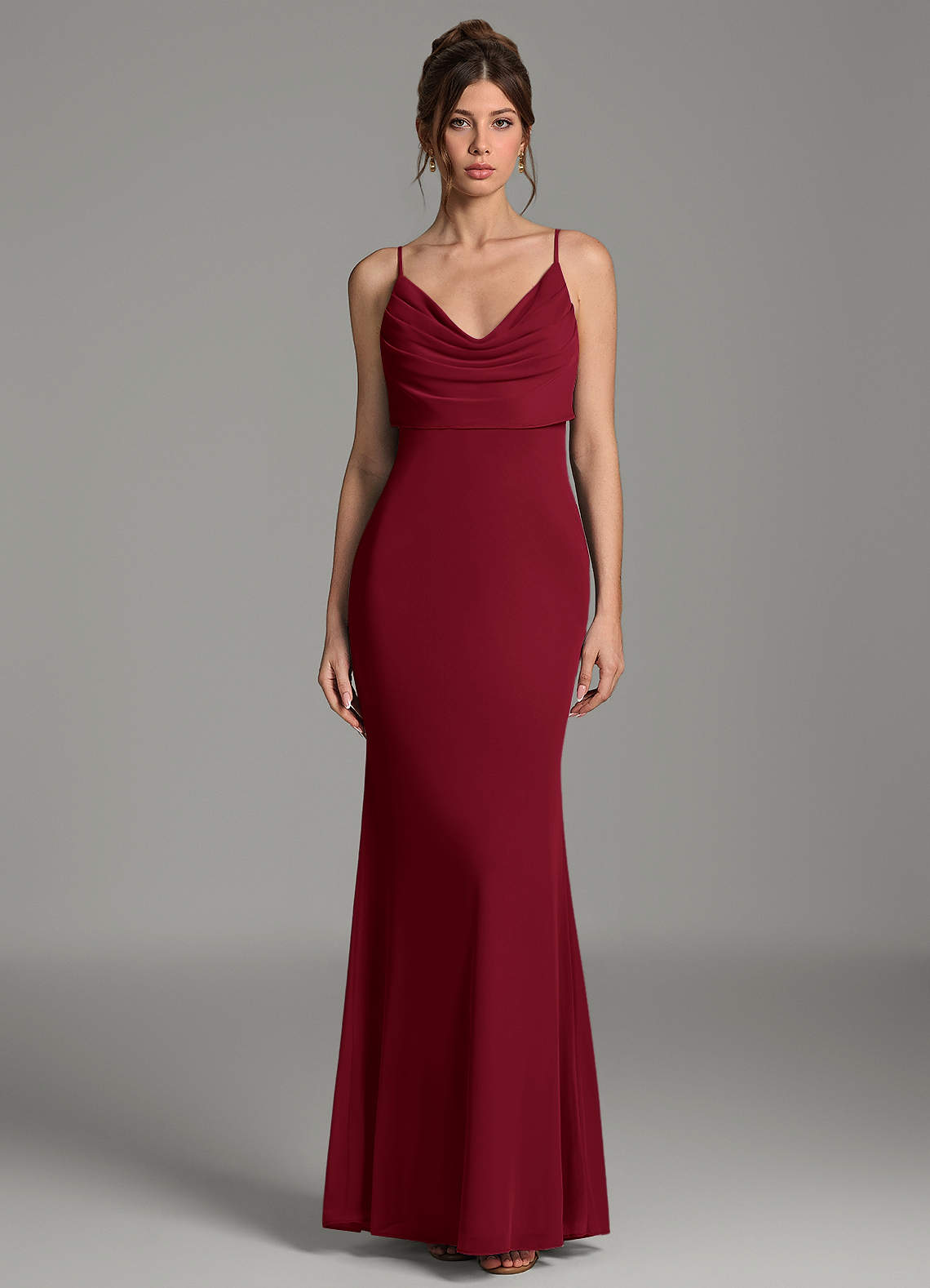 Zari Mermaid Cowl-Neck Mesh Bridesmaid Dress in Burgundy
