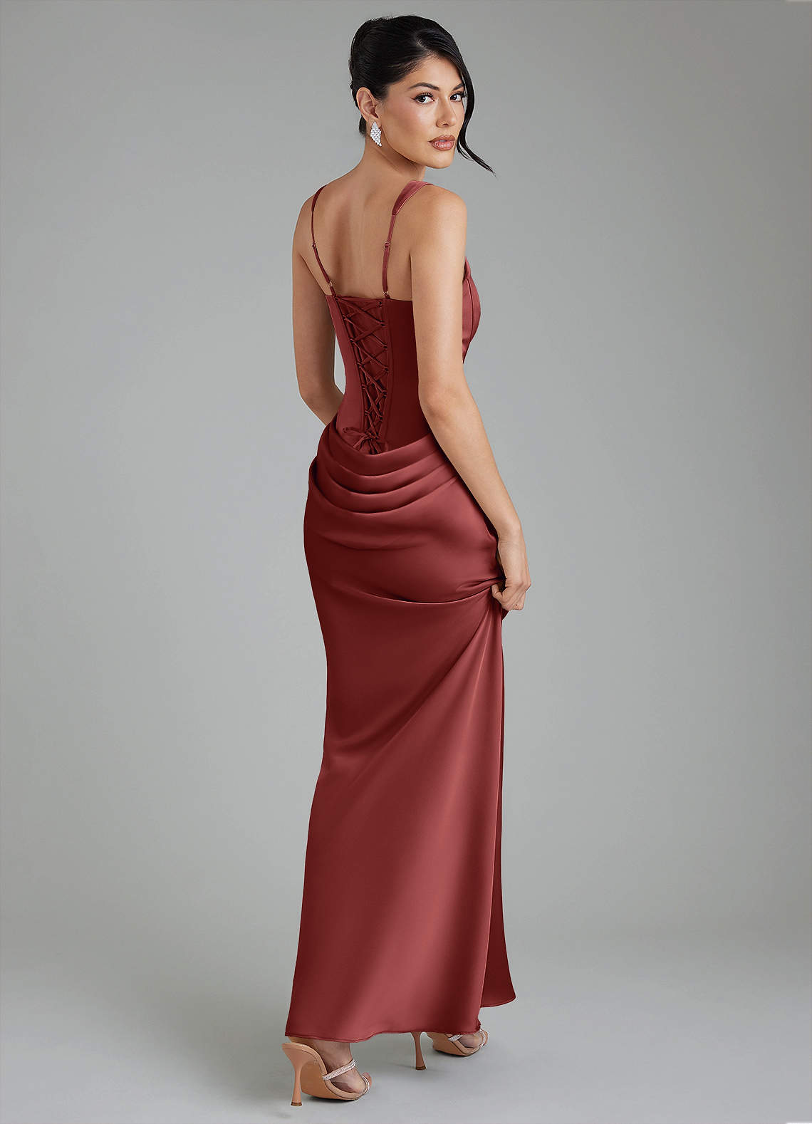 Etta Mermaid Square-Neck Stretch Satin Bridesmaid Dress in Terracotta