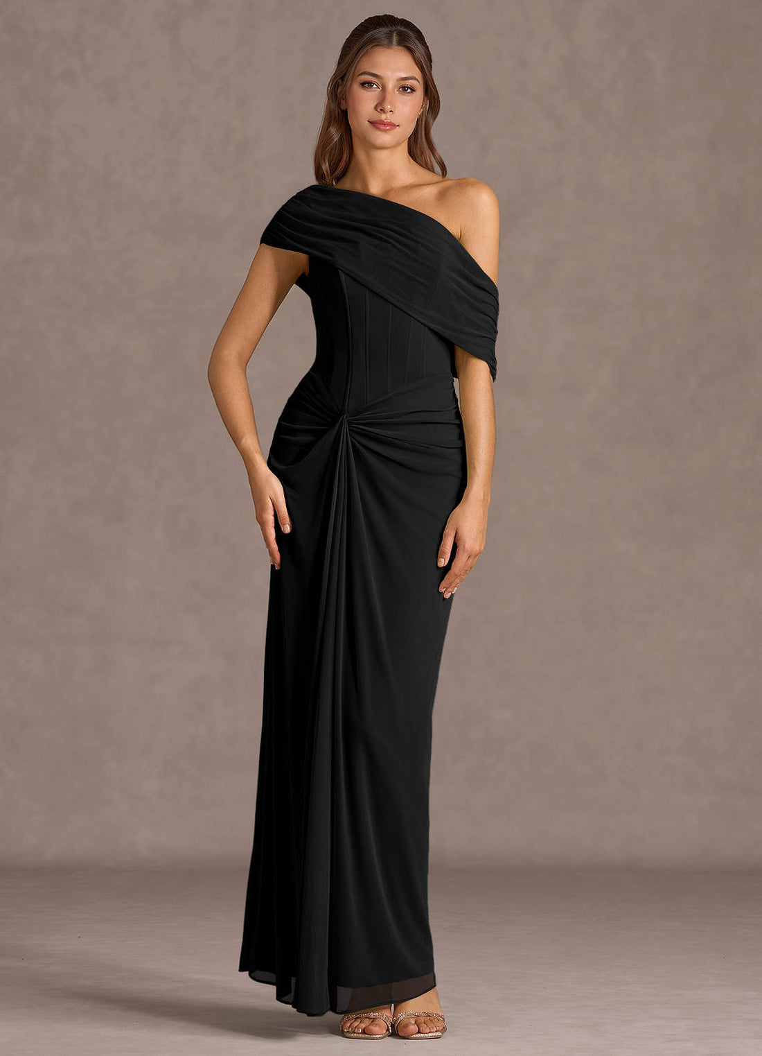 Delphira Mermaid One-Shoulder Mesh Wedding Guest Dress in black