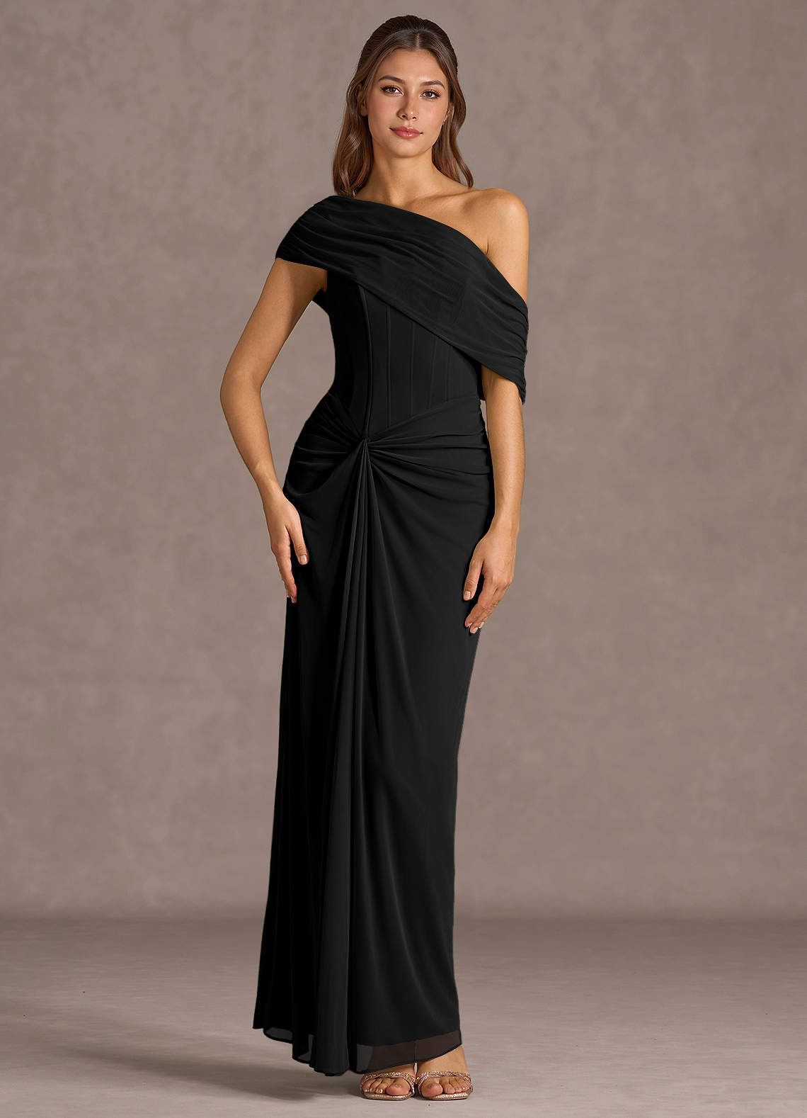 Delphira Mermaid One-Shoulder Mesh Wedding Guest Dress in black