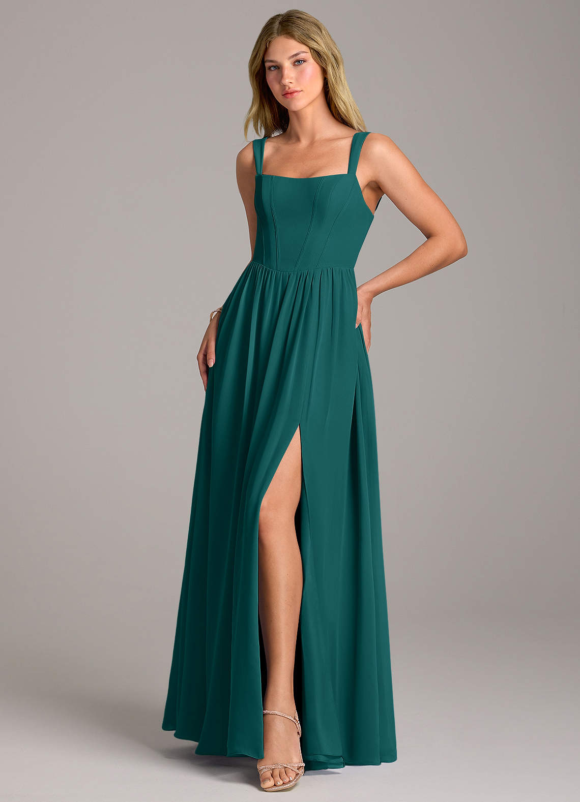 Rosaline A-Line Square-Neck Chiffon Bridesmaid Dress in Peacock