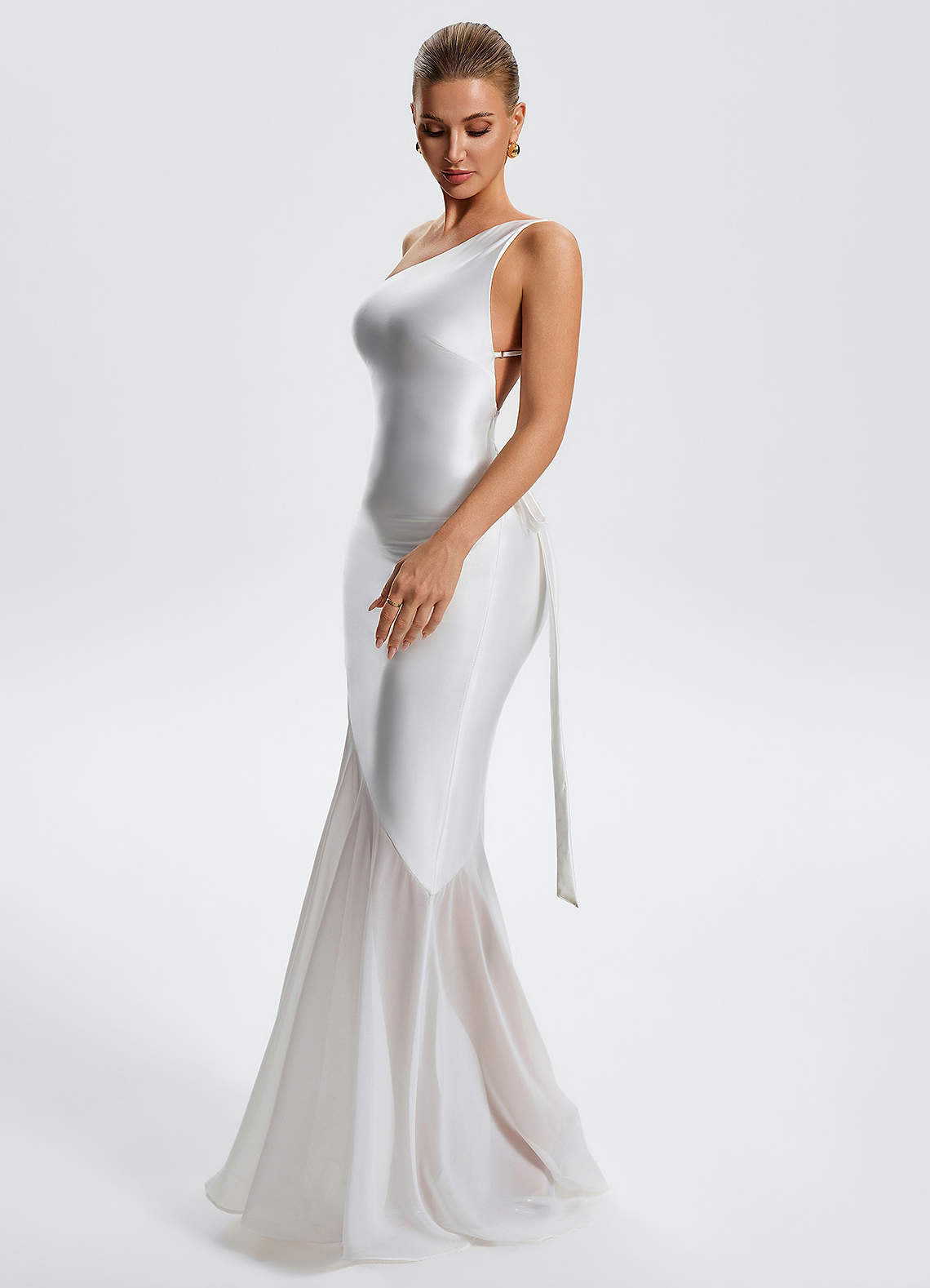 Idalia White Mermaid One-Shoulder Chiffon-Overlay Evening Dress in White Alabaster