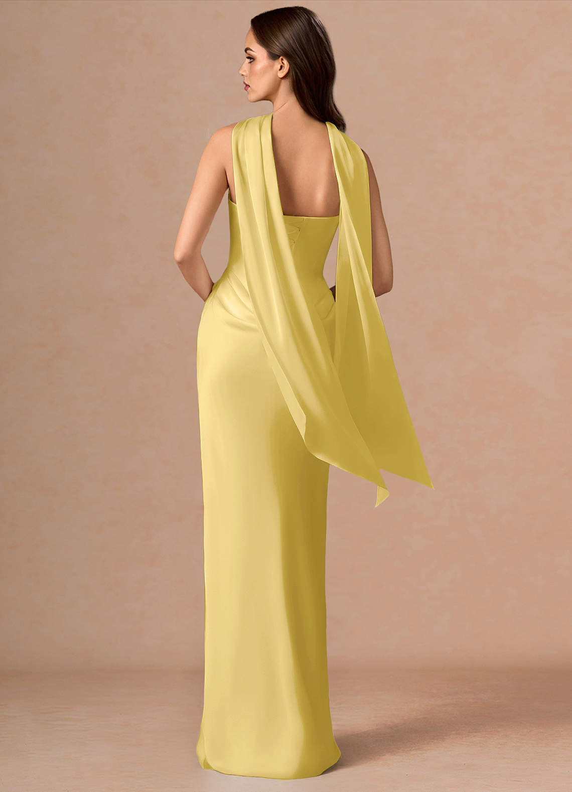 Valencia Scarf Lace-Up Stretch Satin Evening Dress in Pastel Yellow