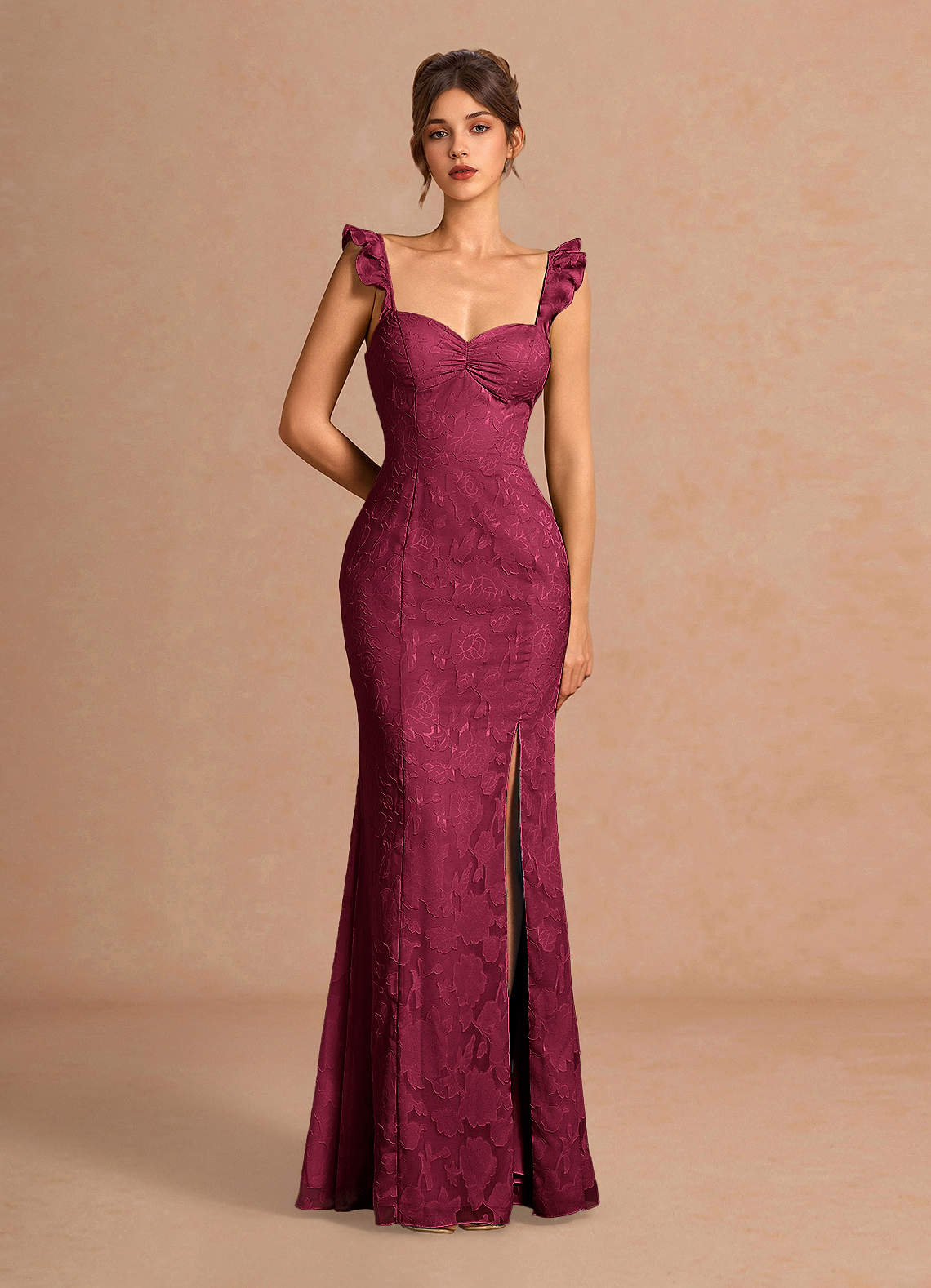Romilly Mermaid Ruffled Chiffon Burnout Evening Dress in Agave Green