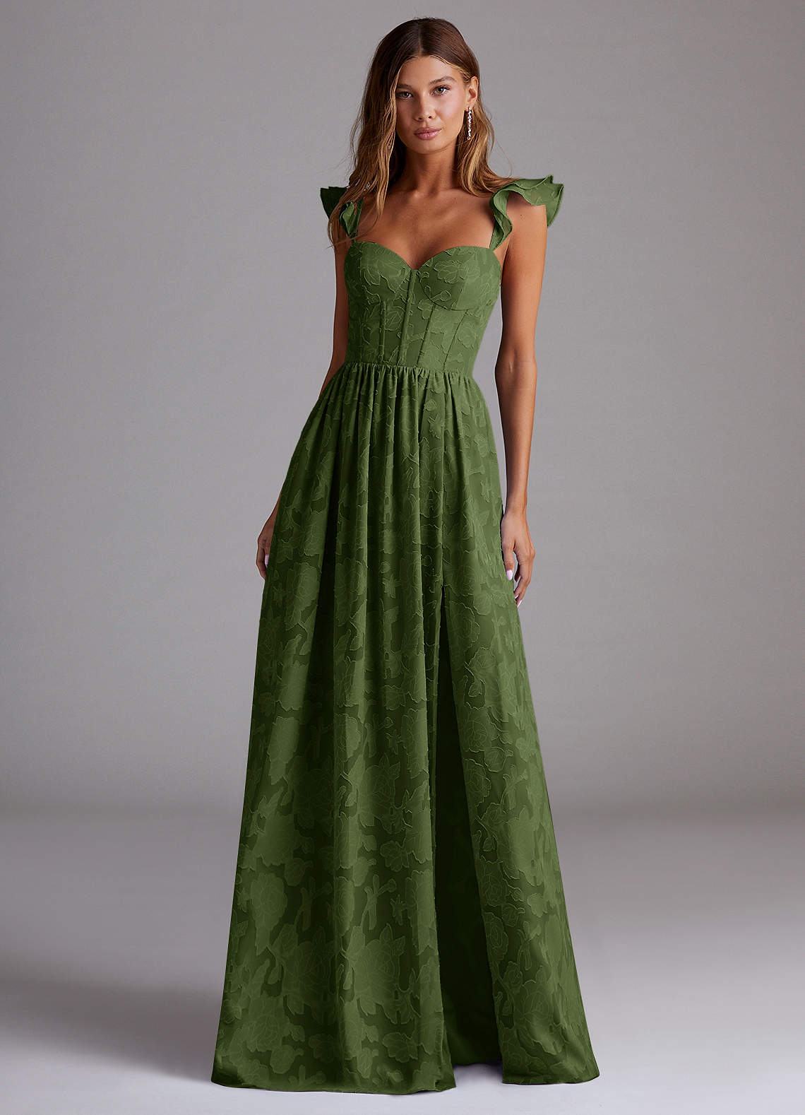 Denisse A-Line Sweetheart Floral Burnout Wedding Guest Dress in Olive