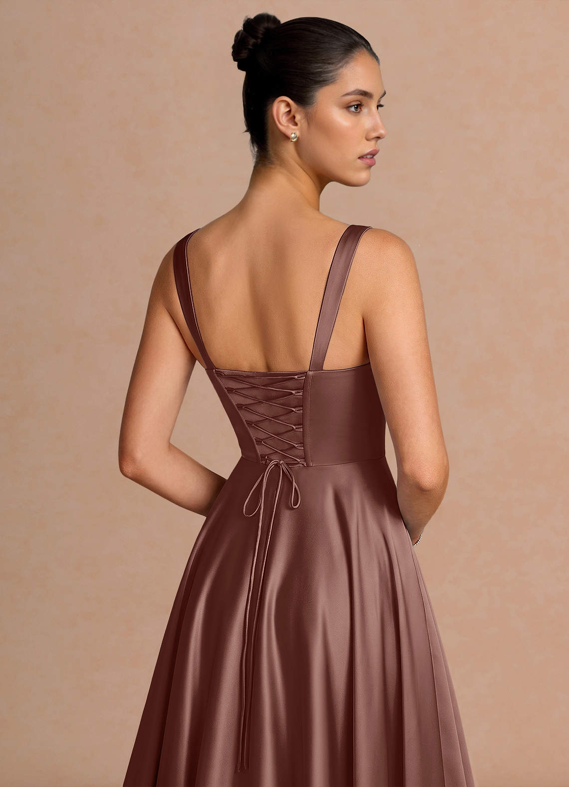 Azaria A-Line Square-Neck Stretch Satin Wedding Guest Dress in Mocha Coco
