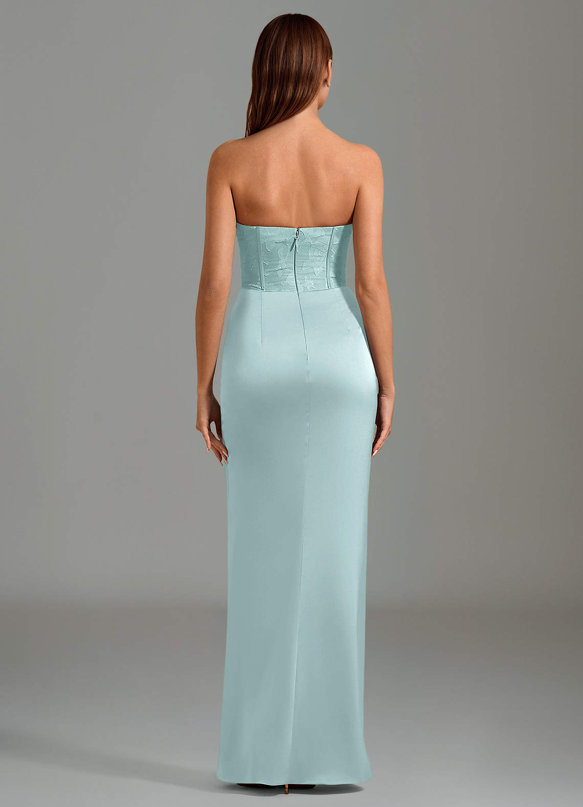 Emilia Mermaid Strapless Stretch Satin and Floral Burnout Bridesmaid Dress in Mist