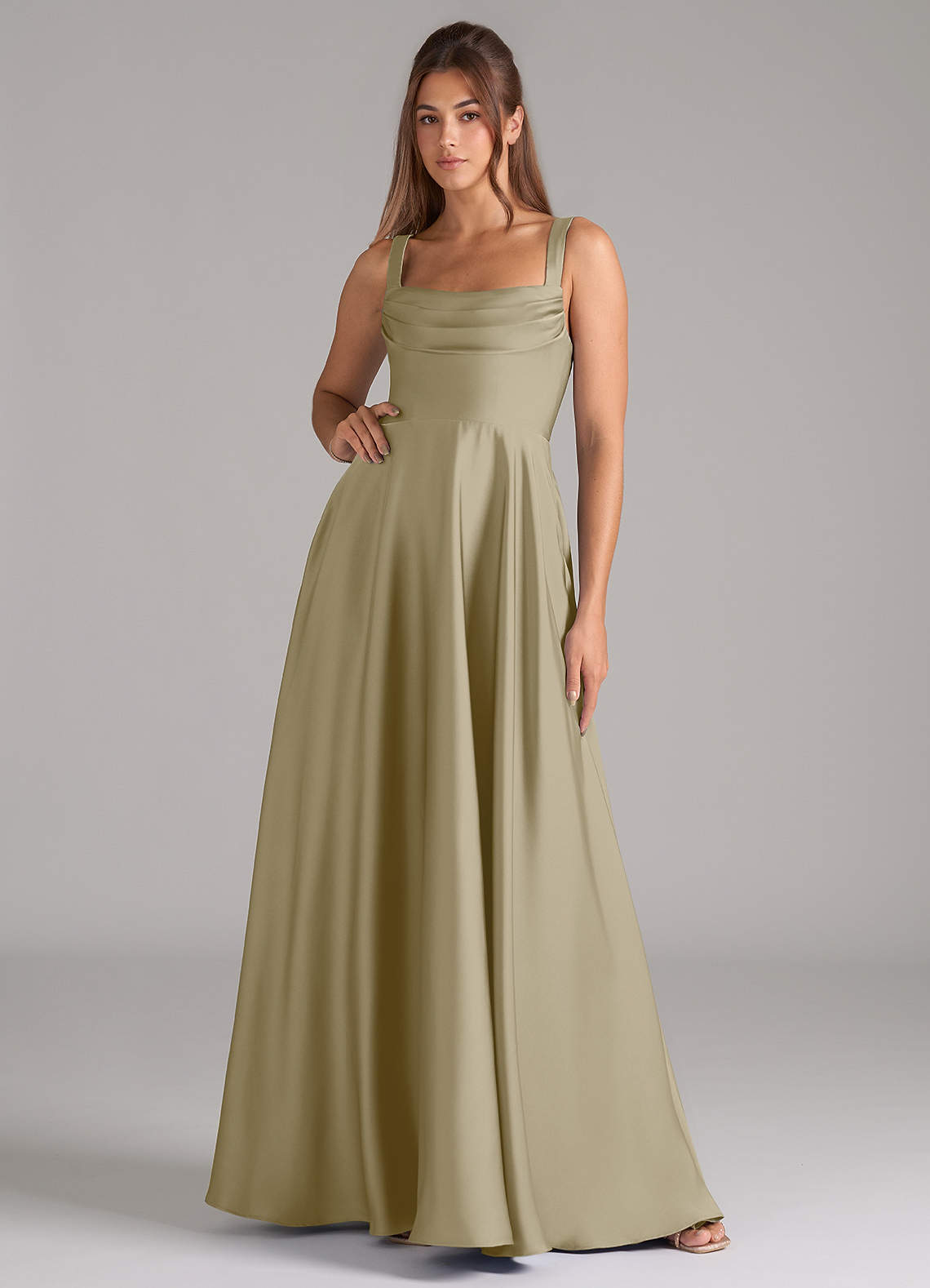 Shaude A-Line Square-Neck Stretch Satin Bridesmaid Dress in Moss Green