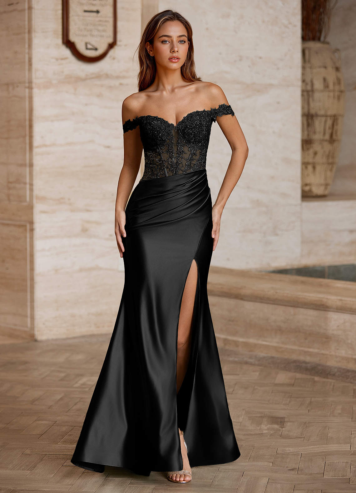Wrentino Mermaid Off-the-Shoulder Stretch Satin Evening Dress in black