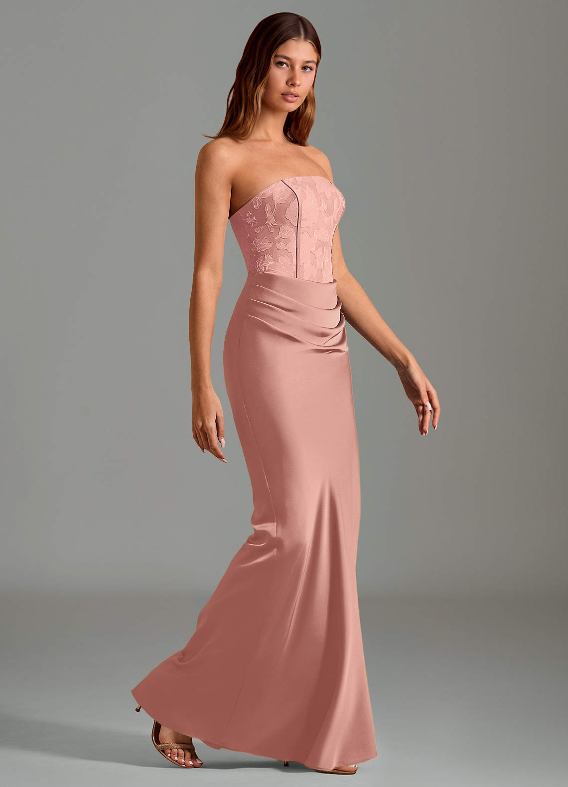 Emilia Mermaid Strapless Stretch Satin and Floral Burnout Bridesmaid Dress in Rosette