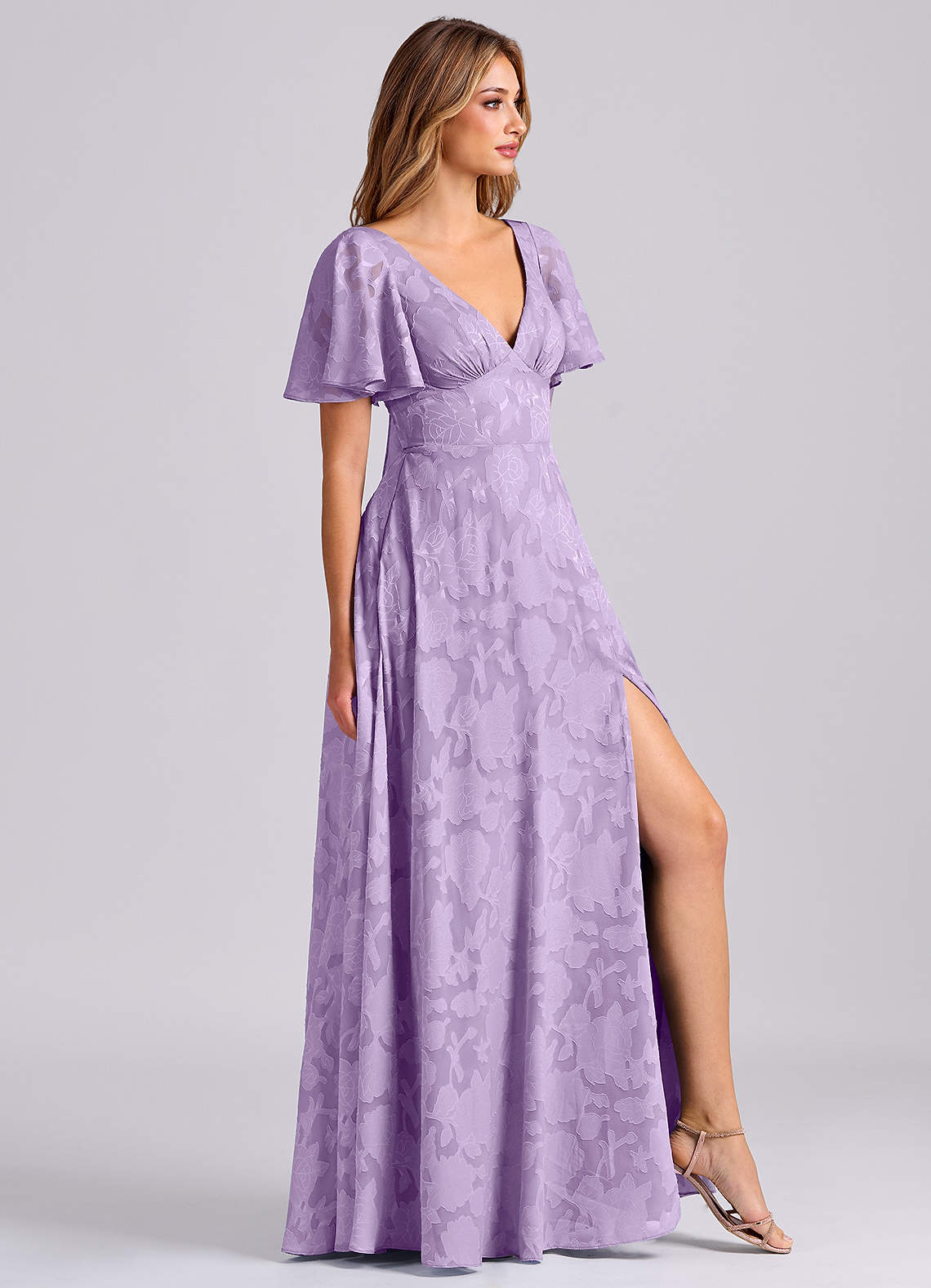 Kimber A-Line V-Neck Floral Burnout Bridesmaid Dress in Lilac