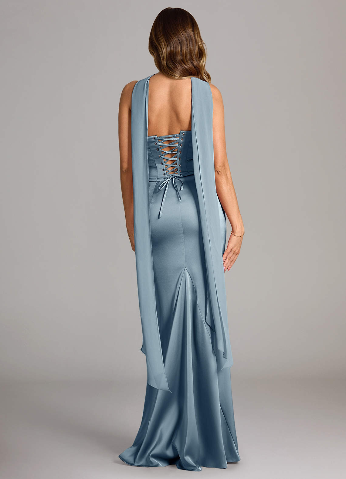 Sorrel Mermaid Cowl-Neck Stretch Satin and Chiffon Bridesmaid Dress in dusty blue
