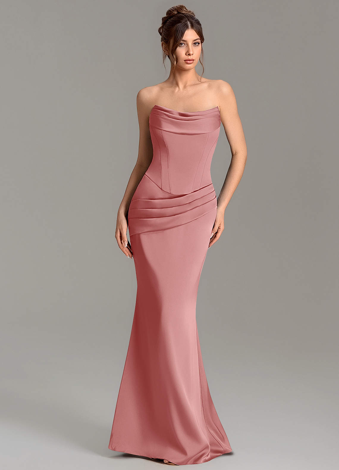 Adrienne Mermaid Cowl-Neck Stretch Satin Bridesmaid Dress in Antique Rose
