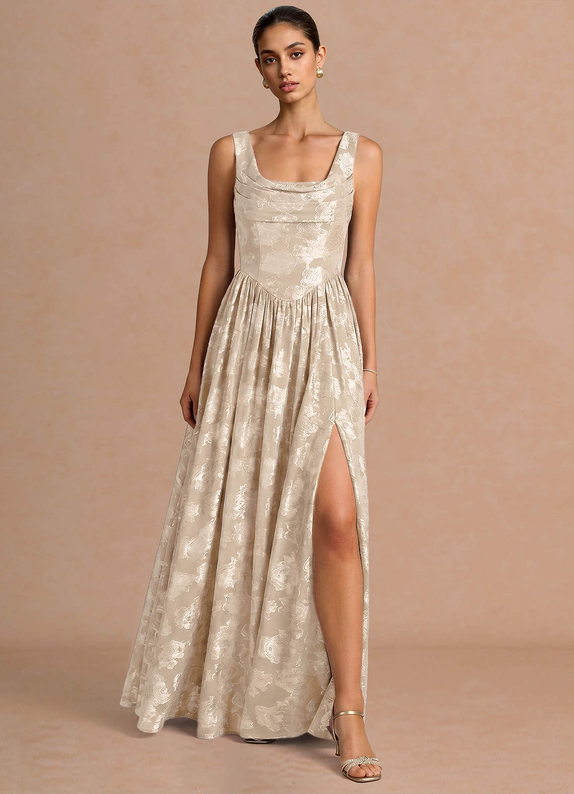 Novi A-Line Draped-Neck Floral Fil Coupé Evening Dress in Lemon Sorbet