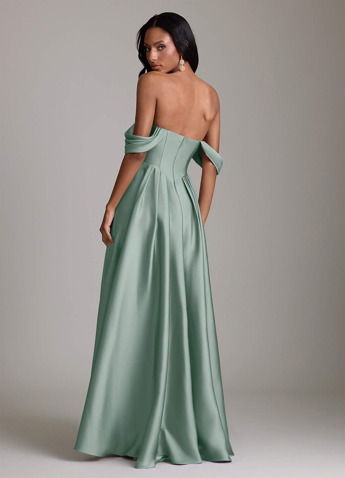 Loisa A-Line Off-the-Shoulder Stretch Satin Bridesmaid Dress in Silver Sage