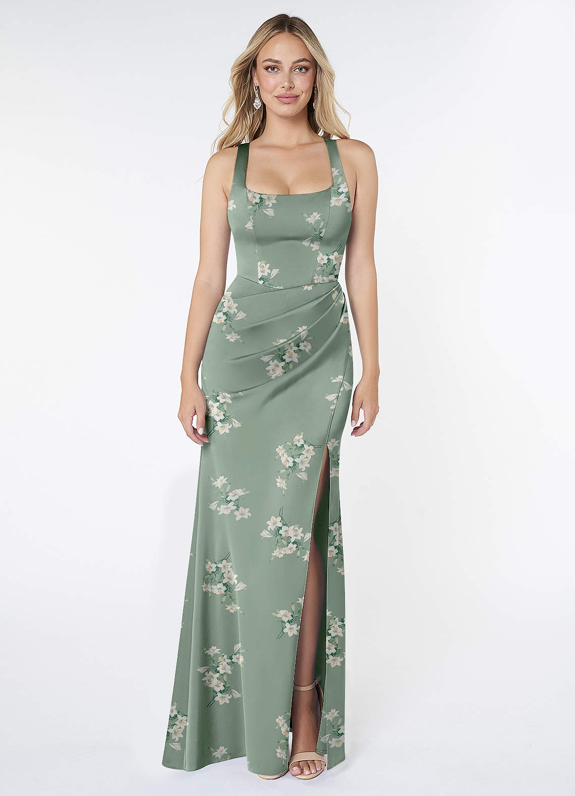 Mero Mermaid Square-Neck Stretch Satin Bridesmaid Dress in Agave Lilly Floral