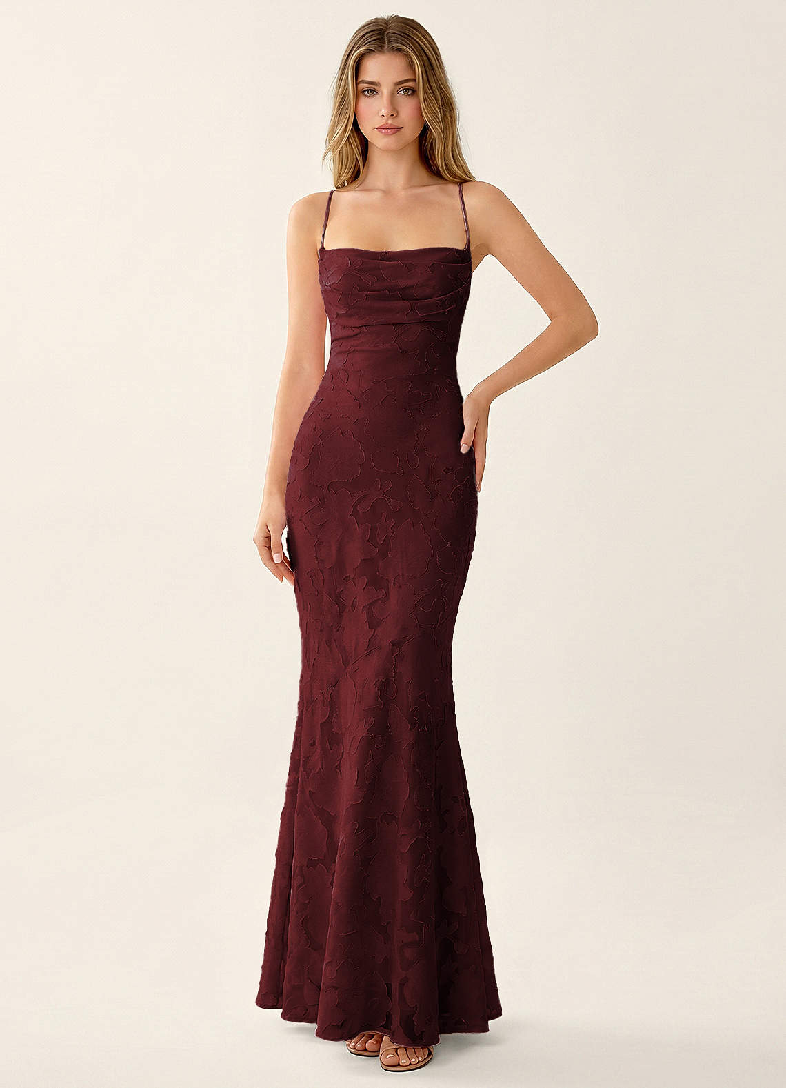 Natasha Mermaid Spaghetti-Strap Floral Burnout Evening Dress in Wine