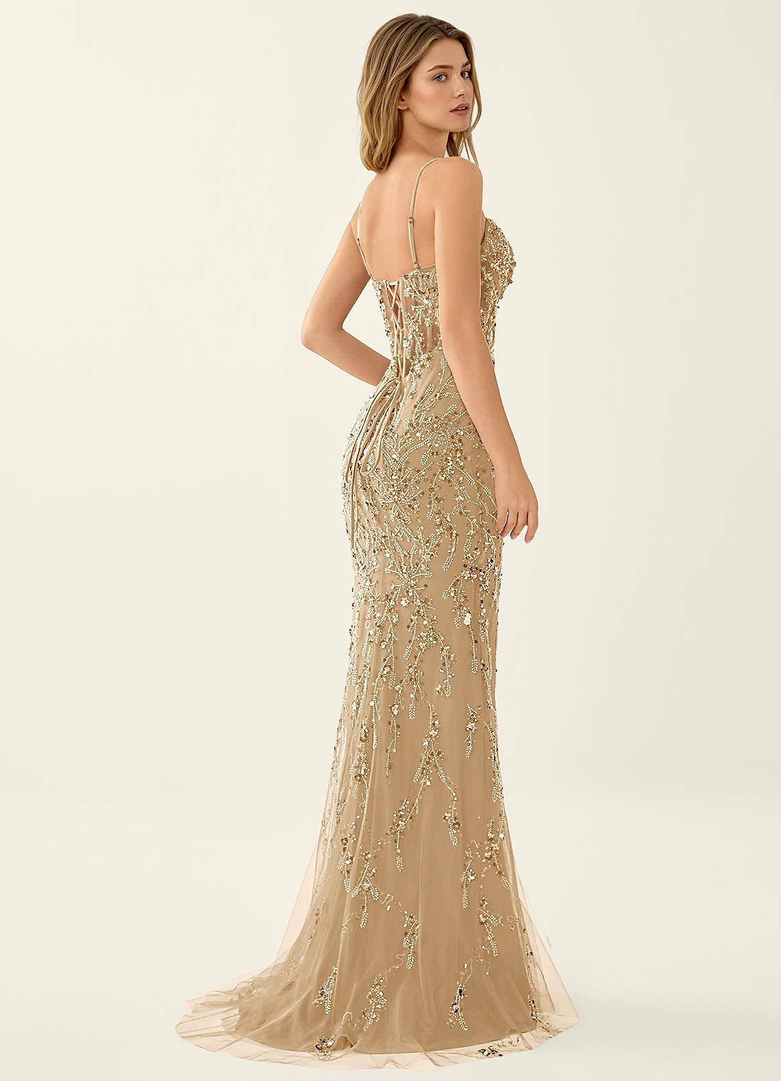 Zivah Mermaid V-Neck Beaded Stretch Mesh Evening Dress in champagne
