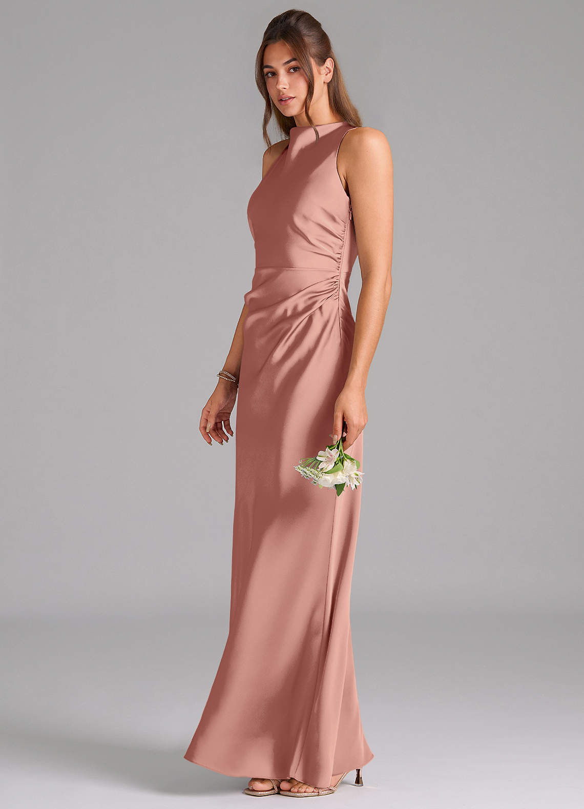 Evadne Sheath Scoop-Neck Stretch Satin Bridesmaid Dress in Rosette