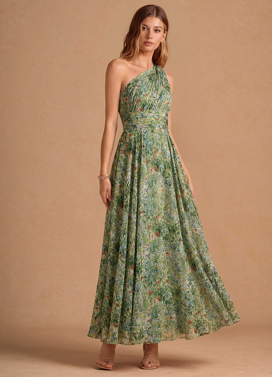 Noelle A-Line Twisted-Shoulder Chiffon Wedding Guest Dress in Green Floral