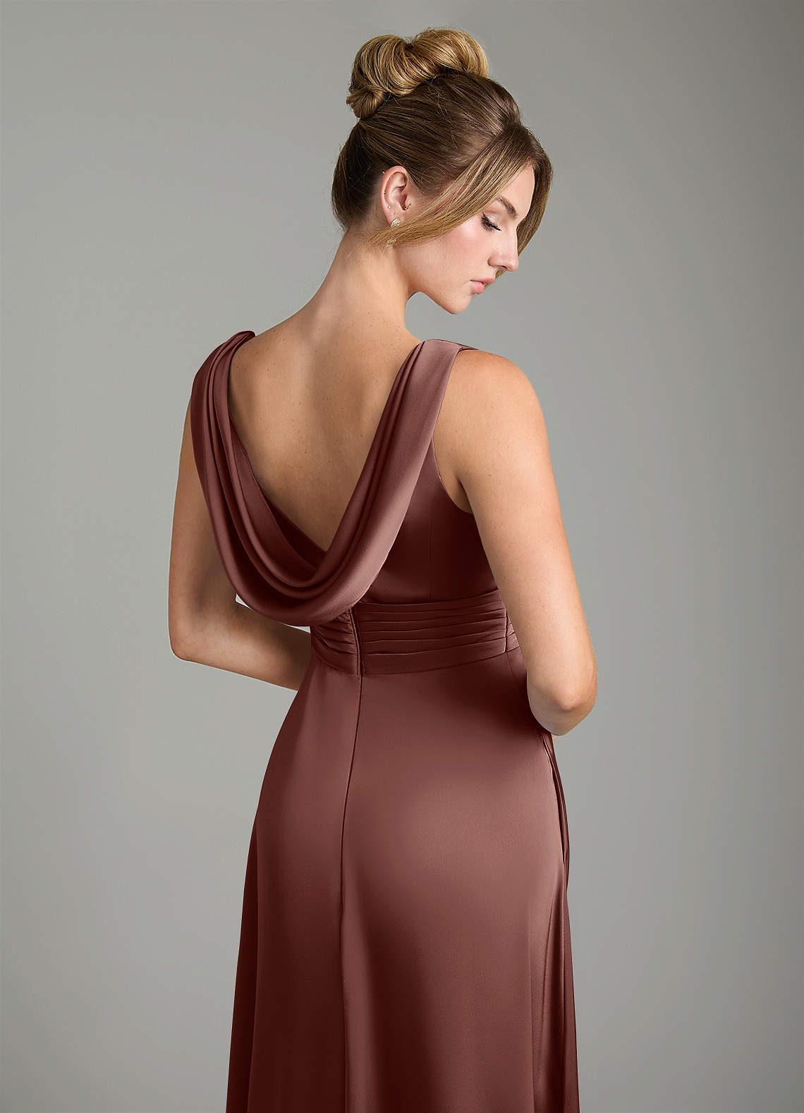 Karina A-Line V-Neck Stretch Satin Bridesmaid Dress in Espresso